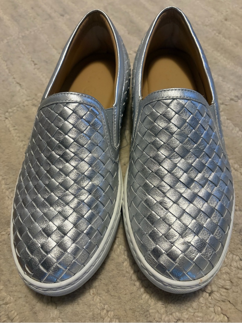 Woven Metallic Silver Slip-On Sneakers for Women